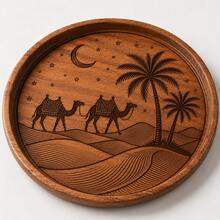 1pc Creative Walnut Wood Plate, Desert Camel Star Moon Date Palm Tree Carved Round Wooden Plate, Western Dinner Plate, Steak Plate, Candy Plate, Fruit Plate, Solid Wood Pizza Board, Serving Tray - View 6