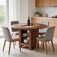 Mesa de Comedor Redonda Moderna con Almacenamiento Abierto, Tapa con Acabado de Madera de Nogal y Cuerpo con Acabado de Nogal, 100cm de Diámetro, para 4-6 Personas, para Cocina, Comedor y Espacios Pequeños - 1 - Ver 4