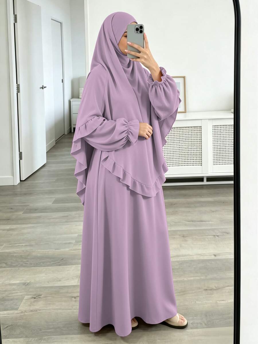 2pcs Set Khimar + Abaya, Loose & Comfortable, Convenient & Quick, Muslim Clothing, Suitable For Women's Daily Wear & Prayer, All Seasons - Multicolor - View 1