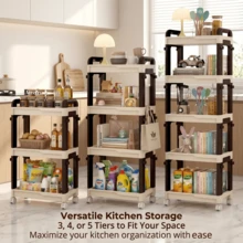 3/4 Tier Multi-Function Rolling Storage Cart With Universal Wheels And Side Hooks, Adjustable Layered Mobile Storage Rack, Suitable For Kitchen, Bathroom, Living Room, Office, University Dormitory Essentials Storage - Coffee Brown - View 1