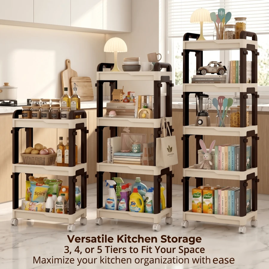 3/4 Tier Multi-Function Rolling Storage Cart With Universal Wheels And Side Hooks, Adjustable Layered Mobile Storage Rack, Suitable For Kitchen, Bathroom, Living Room, Office, University Dormitory Essentials Storage - Coffee Brown - View 1