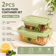 2pcs Rectangle High Borosilicate Glass Food Storage Container, Microwave Freezer Oven Dishwasher , Stackable Portable Meal Prep Lunch Box For Kitchen Refrigerator, Office Work Lunch, Outdoor Picnic & Camping, Family Daily Food Preservation - Green - View 13