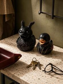 1pc 3.15 Inch Resin Gothic Punk Duck Figurine, Black Demon Horns And Bronze Chain Spike Design, Desktop Home Decor, Halloween Decoration And Unique Gift - Multiple 3 - View 4