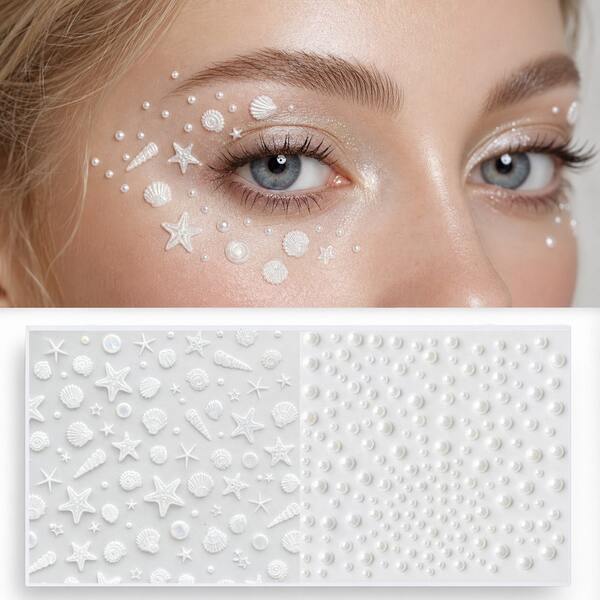 1 buc. autocolant facial cu stras, crem alb, cu scoici marine și perle, decor facial 3D cu stea de mare și scoică conch, model asortat cu perle, scoici și stele de mare, cu spate autoadeziv, aderență fermă, potrivit pentru machiaj de călătorie la plajă, look-uri de festival muzical, întâlniri cu prietenele, atmosferă pentru selfie și partajare de outfituri în videoclipuri scurte