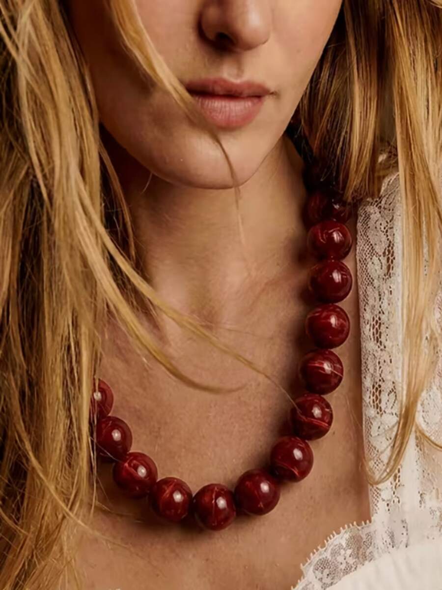 1pc Marble Pattern Thick Bead Decor Women's Necklace - Swirl Large Bead Necklace Bold Vintage Neutral Tone Jewelry Suitable For Vacation, Beach Wear, Perfect Gift For Friends' Travel - Burgundy - View 1
