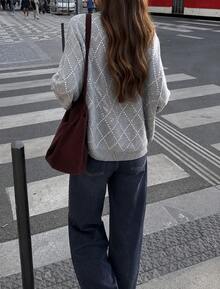 Alicedudu Women's Autumn/Winter Vintage Casual Loose Argyle Design Cardigan Sweater Jacket - Grey - View 4