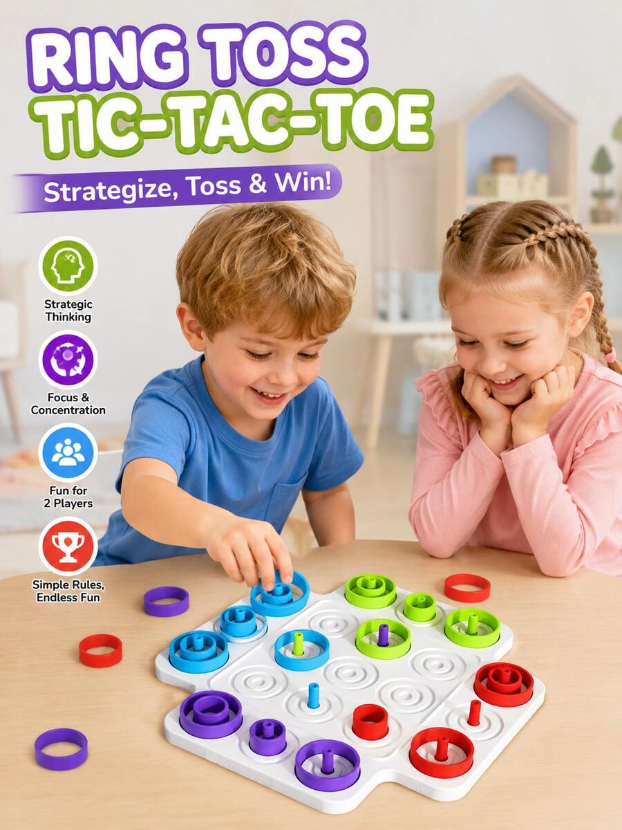 2-In-1 Ring Toss & Tic Tac Toe Stacking Game With Color Sorting And Matching, Educational Strategy Board Game For Focus And Logical Thinking Training, Interactive Family Toy For Boys And Girls 3+, Party Activity Game, Halloween Christmas Birthday Holiday Gift