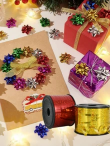 1pc/30pcs/80pcs Holographic Multicolor Christmas Star Bow Set, 3D Shiny Gift Wrapping Flower, Curled Ribbon Christmas Tree Hanging Ornament, Holiday Party Gift Box Decoration - Ribbon Bow - View 3
