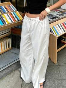 Women's Casual White Cotton Blend Loose Straight Leg Pants, Long Leg, With Pleated Details, Non-Stretch Fabric - White - View 4