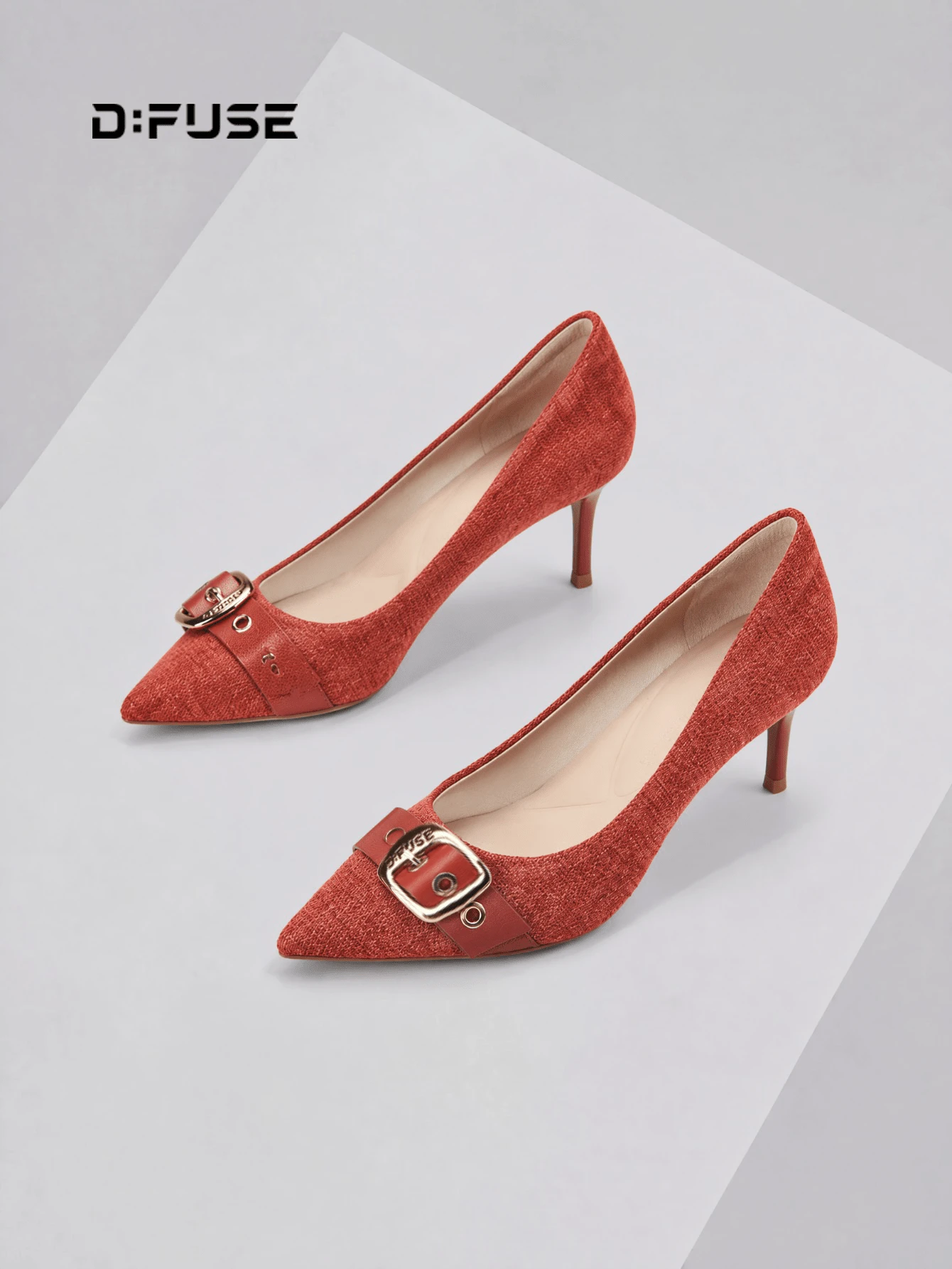 D:FUSE Women Houndstooth Decor Metal Buckle Pointed Toe Slip On Stiletto High Heel Pumps Vintage Office Siren Cozy Date Daily Wedding Red Microfiber