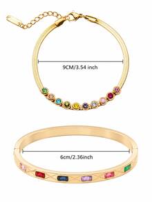 Camhanno Set Perhiasan Kristal Pelangi yang Memukau, Gelang Rantai Tulang Ikan Zirkonia Berwarna-warni, Gelang Belah Ketupat Berlapis Emas, Aksesori Hadiah Wanita Modis yang Dapat Ditumpuk - MultiWarna - View 4