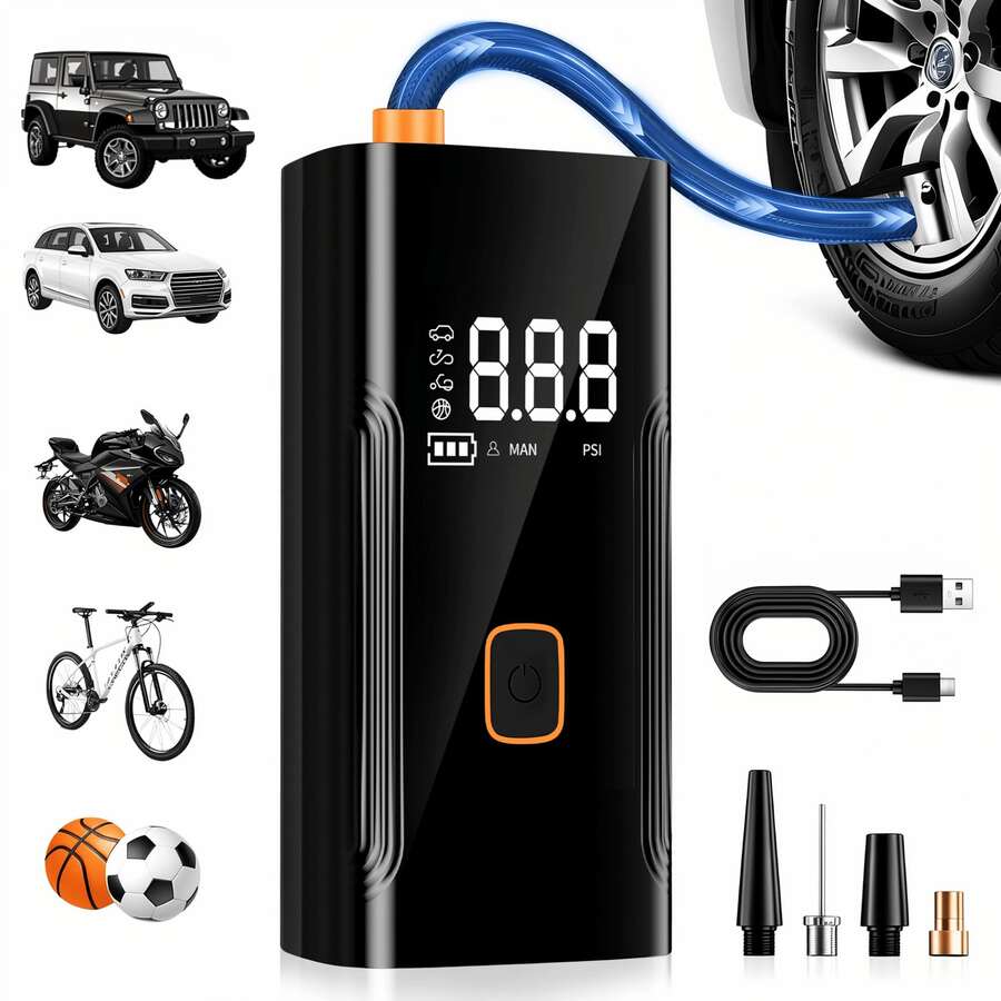 1 PC Tire Inflator Portable Air Compressor For Cars & Bicycles | Cordless Rechargeable Air Pump, Digital Pressure Gauge, Bright LED Light & Auto Shut-Off, Portable Tire Pump For Motorcycle And All Tires - Wireless - View 1