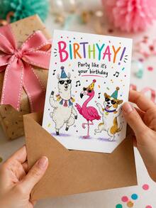 Birthyay Funny Dancing Animal Birthday Greeting Card With Kraft Envelope, Cute Llama Flamingo Dog Party Cartoon Print Confetti Music Note Wish Card, Colorful Lettering Design Novelty Happy Birthday Gift For Kids Adults Friends Family - Multiple Styles - View 3