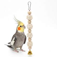 Hanging White Woven Rattan Ball Wooden Bead Bird Toy With Bell - Parrot Chewing Boredom Relief Foraging Bird Cage Accessory, Suitable For Budgies, Cockatiels, Lovebirds And Other Small To Medium Birds - View 8