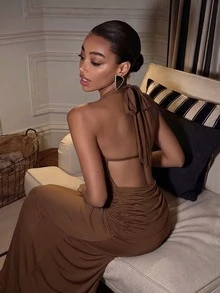 Gaun Malam Formal Romantis, Seksi, Elegan untuk Pesta, Kencan Pantai, Pernikahan, Cocok untuk Tamu Pernikahan, Prom, Upacara Wisuda Musim Gugur - Coffee Brown - View 9
