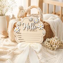 Wooden Daisy Hello World Newborn Birth Information Record Plaque, Name Date Time Weight Height Commemorative Wooden Sign, Bow Baby Photo Prop, Nursery Hanging Decoration, Full Month Anniversary Gift - Multicolor - View 3