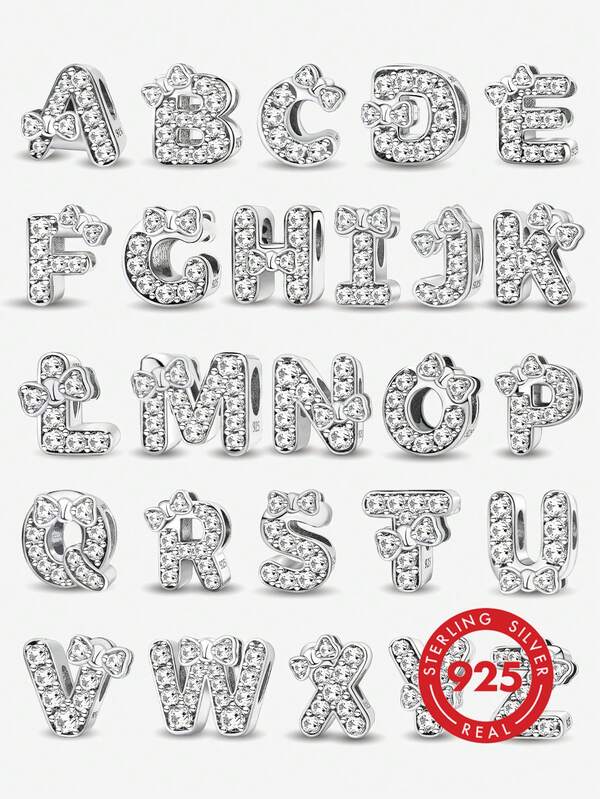 1 pièce Pendentif charm en argent sterling 925 avec nœud papillon, lettres A-Z 26. Convient pour les bracelets, les bracelets de femmes, la création de bijoux DIY, cadeau d'anniversaire