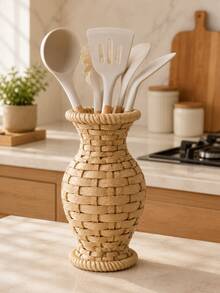 1pc Woven Rattan Style Kitchen Utensil Holder Set, Large And Small Cutlery Organizer For Cooking Tools, Spoons, Forks, Chopsticks, Straws, Rustic Farmhouse Countertop Storage Basket, Kitchen Decor - Multicolor - View 3