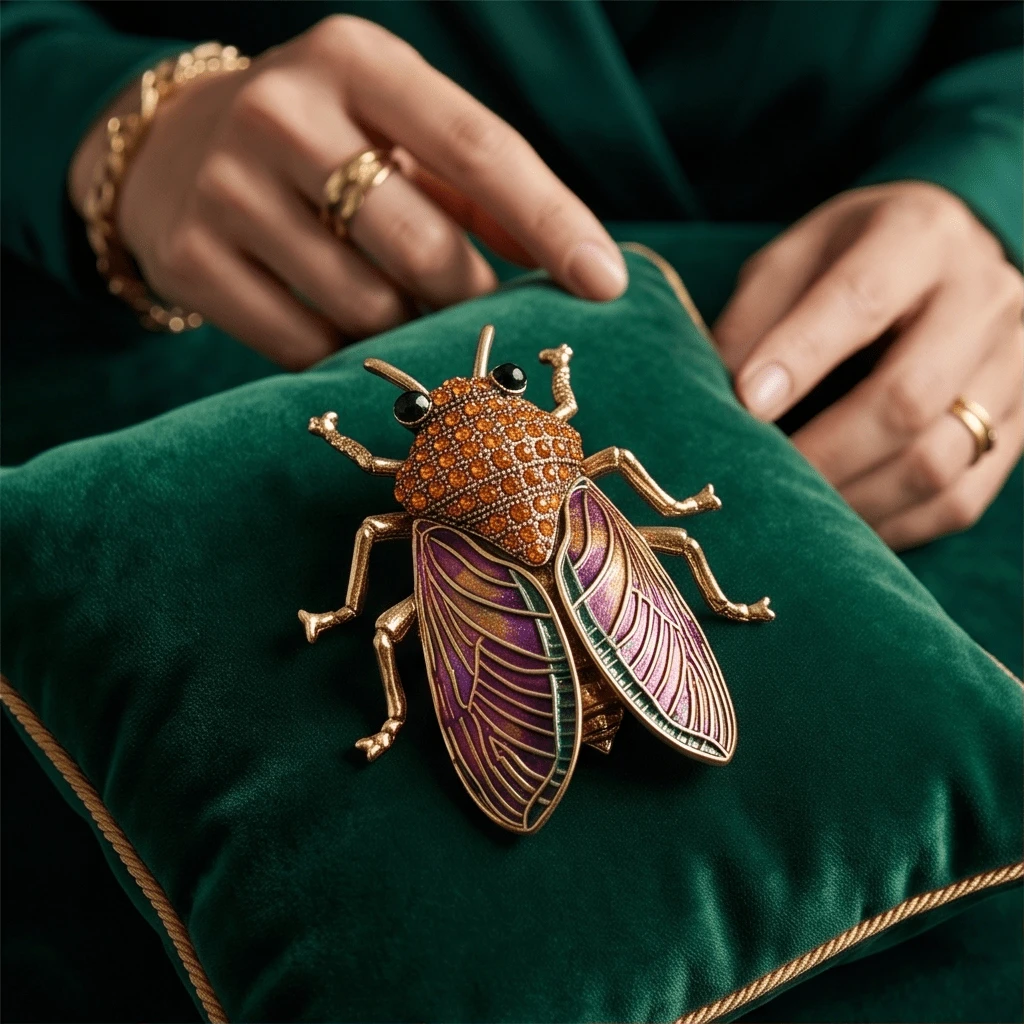 Vintage Premium Insect Brooch Enamel Gold Cicada Pin Fashion Women's Coat Accessory Exquisite Brooch Decoration - Khaki - View 1