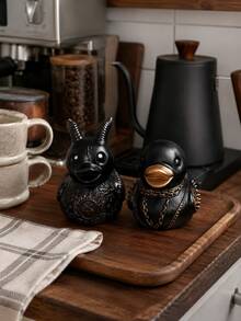 1pc 3.15 Inch Resin Gothic Punk Duck Figurine, Black Demon Horns And Bronze Chain Spike Design, Desktop Home Decor, Halloween Decoration And Unique Gift - Multiple 3 - View 2