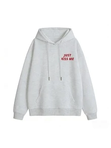 Women's English Slogan Back Print Sweatshirt, White Floral Grey, Drop Shoulder Loose Long Sleeve Casual Pullover - Gray - View 7