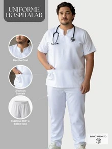 Roupas de Trabalho Hospitalare Plus Size Clínica Odontológica, Terno Cirúrgico de Enfermeira Veterinária  Todos    Ajuste Regular    Bolso    Dia das Enfermeiras - Branco - Visão 2