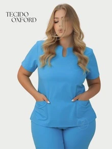 Tas Conjunto de Uniforme Calça e Top com Bolso de Manga Curta e Decote em V para Mulheres Plus Size  elegante    Tecido    Bolso    conjunto - Turquesa - Visão 3