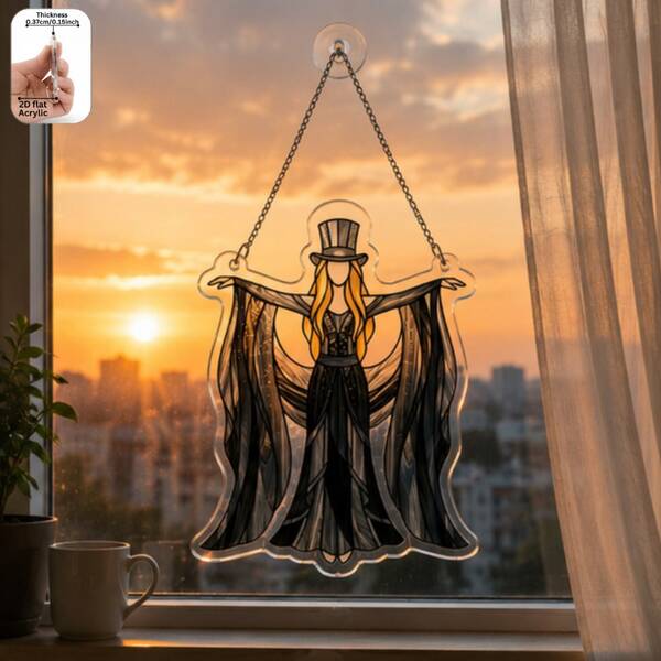 Collectible Figurines Pendants, Drops & Finials 2D Flat Acrylic Sun Catcher Mysterious Witch With High Top Hat And Cape, Stained Glass Style Witch Hanging Decor With Chain, 2D Flat Witch Ornament, Suitable For