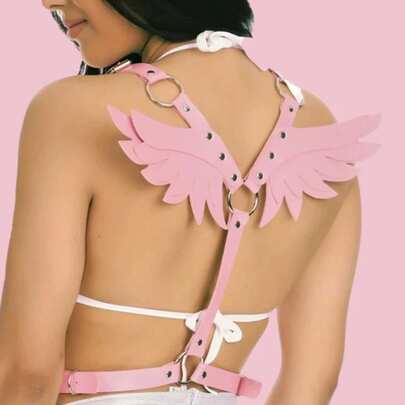 Women's Sexy PU Leather Wing Harness Lingerie Set With Garter Belt, Gothic Style, Black, Adjustable