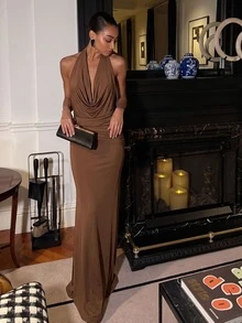 Gaun Malam Formal Romantis, Seksi, Elegan untuk Pesta, Kencan Pantai, Pernikahan, Cocok untuk Tamu Pernikahan, Prom, Upacara Wisuda Musim Gugur - Coffee Brown - View 5