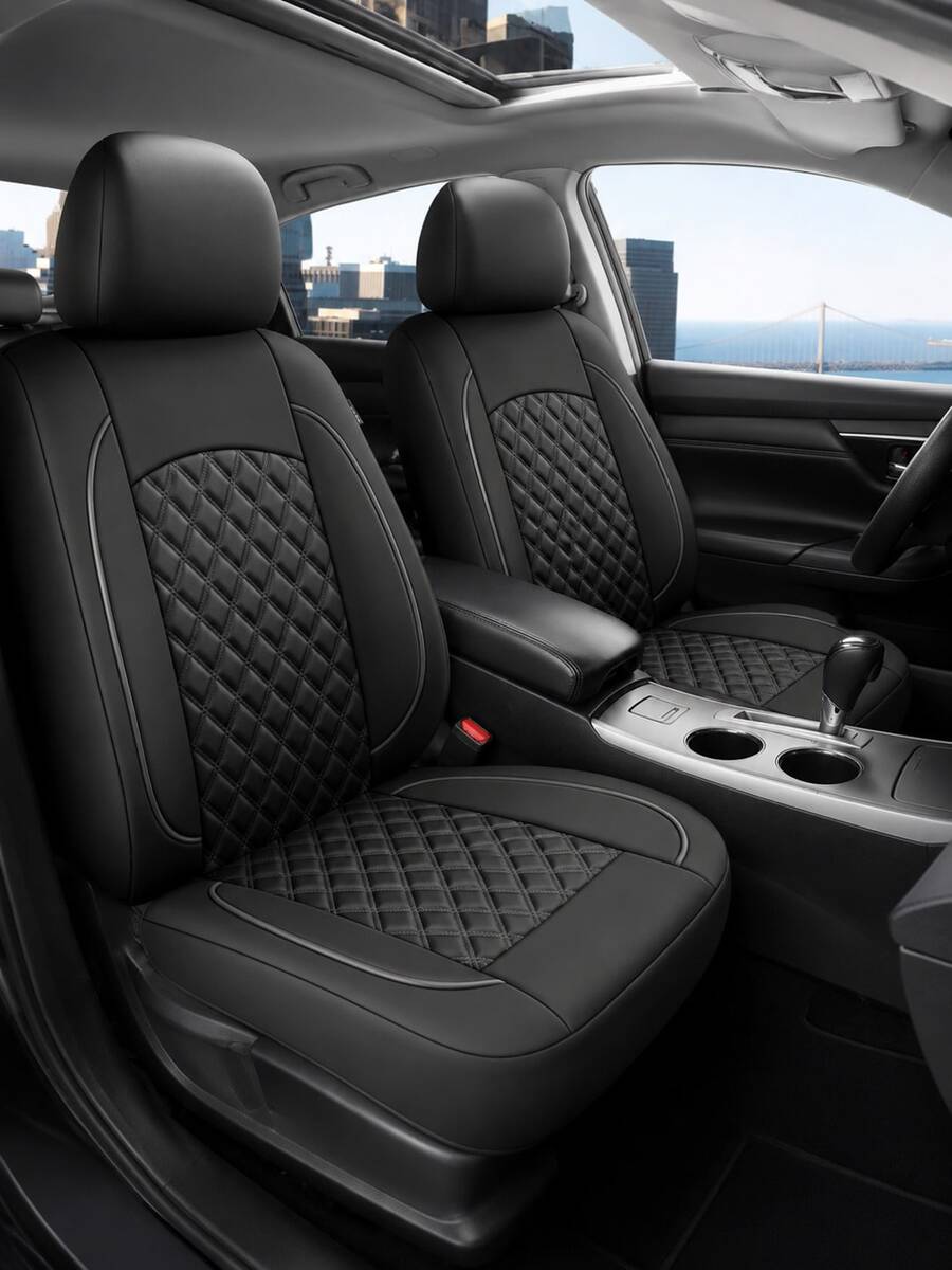 Universal PU Car Seat Cover Set, Diamond Quilted Car Seat Protector With Colorful Piping, Non-Slip Back Breathable Full Set Seat Cushions, Easy Installation Interior Accessories, Suitable For Sedan SUV Truck Pickup, Car Interior Protection Set