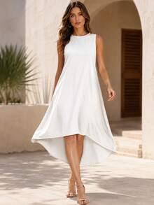 Women's Asymmetrical Dress, Sleeveless High Low Hem Beach Dress, Breathable Summer Midi Dress For Vacation Outfits Women And Resort Wear - 白色2 - 查看 1