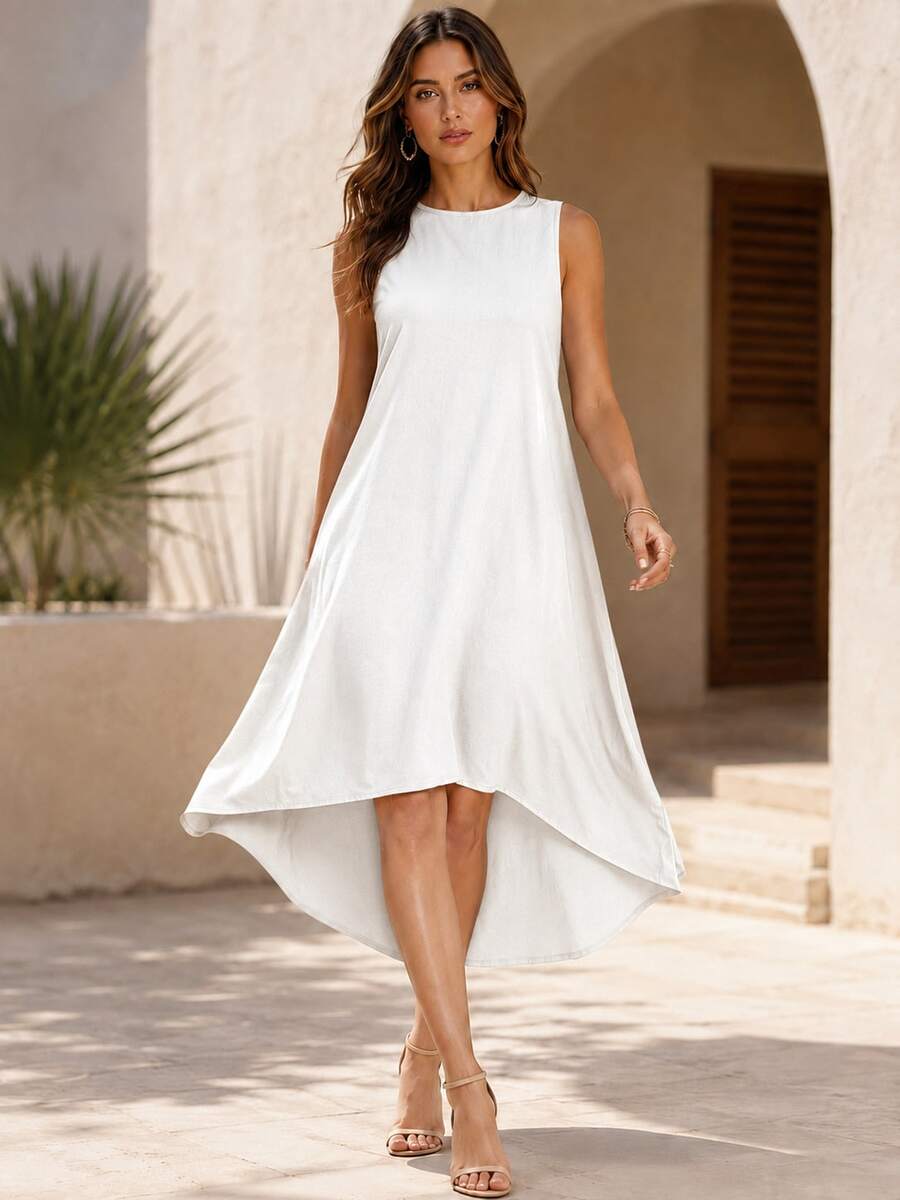 Women's Asymmetrical Dress, Sleeveless High Low Hem Beach Dress, Breathable Summer Midi Dress For Vacation Outfits Women And Resort Wear - 白色2 - 查看 1