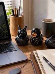 1pc 3.15 Inch Resin Gothic Punk Duck Figurine, Black Demon Horns And Bronze Chain Spike Design, Desktop Home Decor, Halloween Decoration And Unique Gift - Multiple 3 - View 1