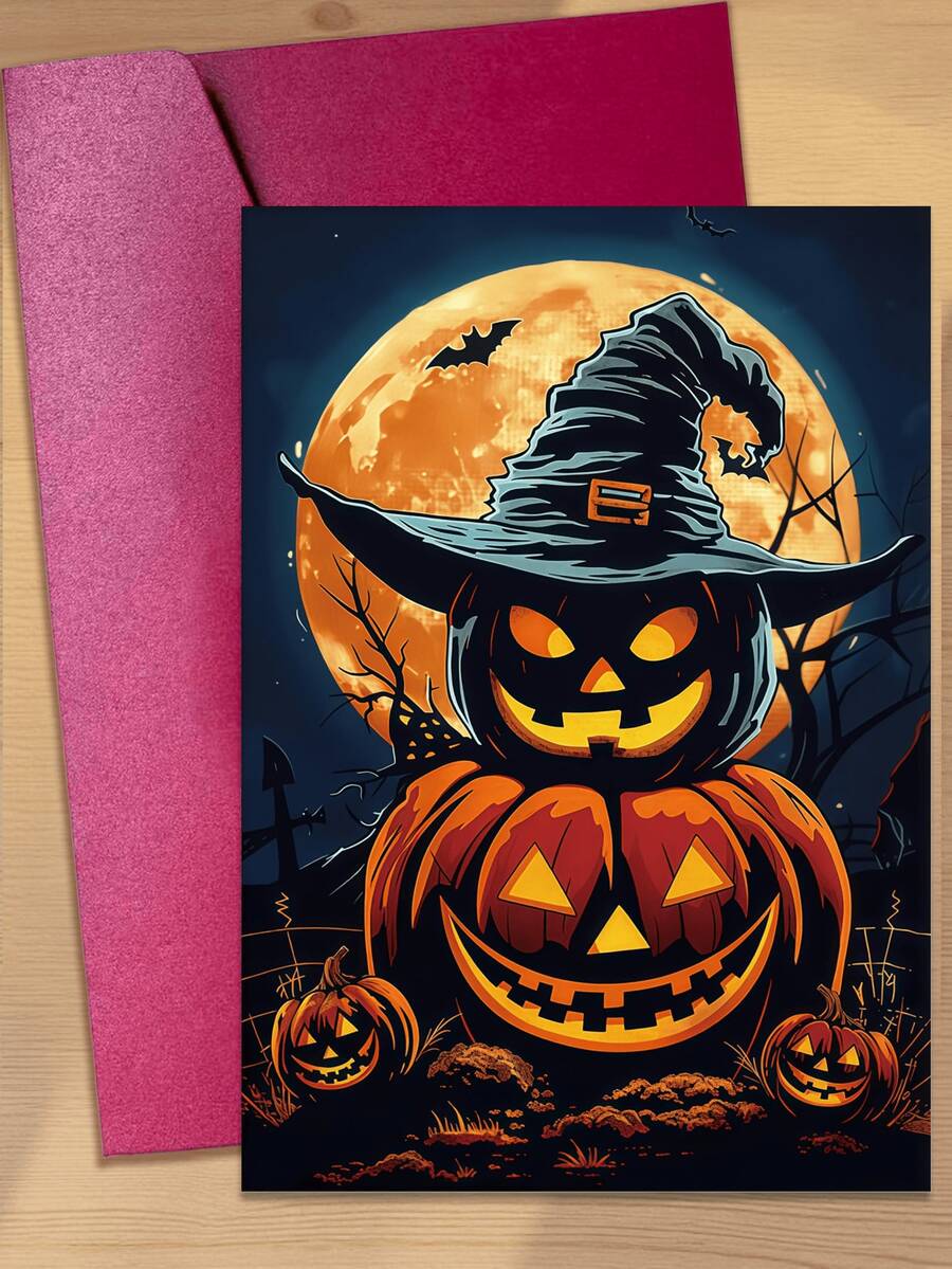 1pc Cross-Border New Halloween Greeting Card Collection, Cute Cartoon Pumpkin Ghost Black Cat Greeting Card With Envelope Set - B - View 1