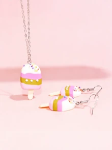 Juego de 3 piezas/Set de joyería con colgante de helado y paleta de postre, collar y pendientes, accesorios de arcilla blanda con diseño de dibujos animados dulce de verano para atuendo de fiesta - Multicolor - Ver 10