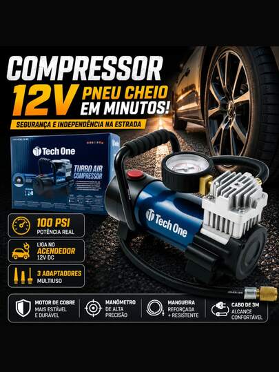 Compressor de Ar Automotivo Tech One 12V 100 PSI Portátil com Manômetro 35L/min e 3 Adaptadores para Pneu de Carro Moto e Bicicleta