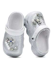 HOEASE Youngsters' Garden Clogs, Girls' Summer EVA Soft-Soled Comfortable Beach Shoes, Breathable Slip-On Design, With Shiny Glitter, All-Season Footwear - Silver - View 1