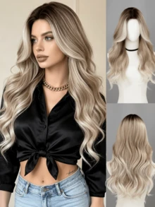 Wig Belahan Tengah 28 Inci dengan Highlight Cokelat Gradien, Wig Serat Sintetis Panjang Bergelombang, Rambut Tahan Panas Tampilan Alami, Cocok untuk Pemakaian Sehari-hari dan Pesta Wanita - MultiWarna - View 11