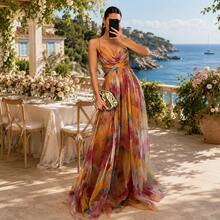 Robe En Maille Imprimée Avec écharpe Robe De Vacances Décontractée - 橘色 - 查看 1