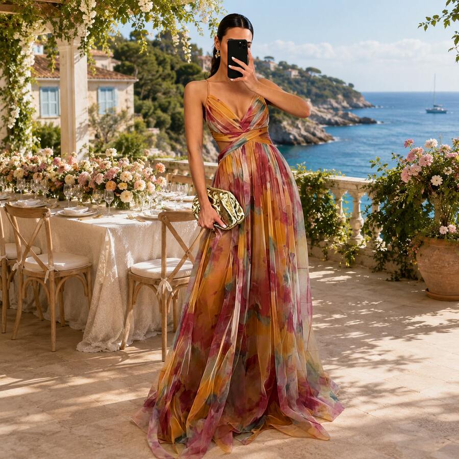 Robe En Maille Imprimée Avec écharpe Robe De Vacances Décontractée - 橘色 - 查看 1