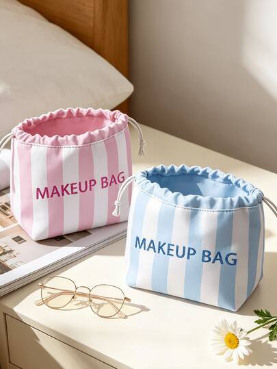 Striped Drawstring Makeup Bag, Sequin "MAKEUP BAG" Letter Print, Portable Cosmetic Bag, Travel Toiletry Bag, Large Capacity Travel Storage Bag, Makeup Bag, Beach Storage Bag, Multi-Functional Storage Bag, Bathroom Storage, Women's Essential Makeup Item, Fashion Accessory, Suitable For Travel, Work, Fitness And Daily Use, Ideal Travel Choice, Unique Birthday Gift, Holiday Gift, Party Gift, Back To School Gift, Teacher Gift