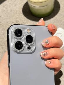 1pc Glitter Apple Lens Protector Integrated Design, Compatible With IPhone 11 12 13 14 15 16 17 Pro Plus Pro Max Mini Camera Lens Protection Ring Frame Cover, Tempered Glass Transparent Lens Film - Silver - View 2