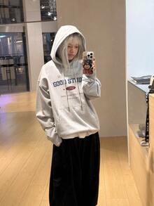 Women's Light Gray Floral & Letter Print Hooded Sweatshirt, Vintage Drop Shoulder Loose Drawstring Long Sleeve Casual Top - Gray - View 2