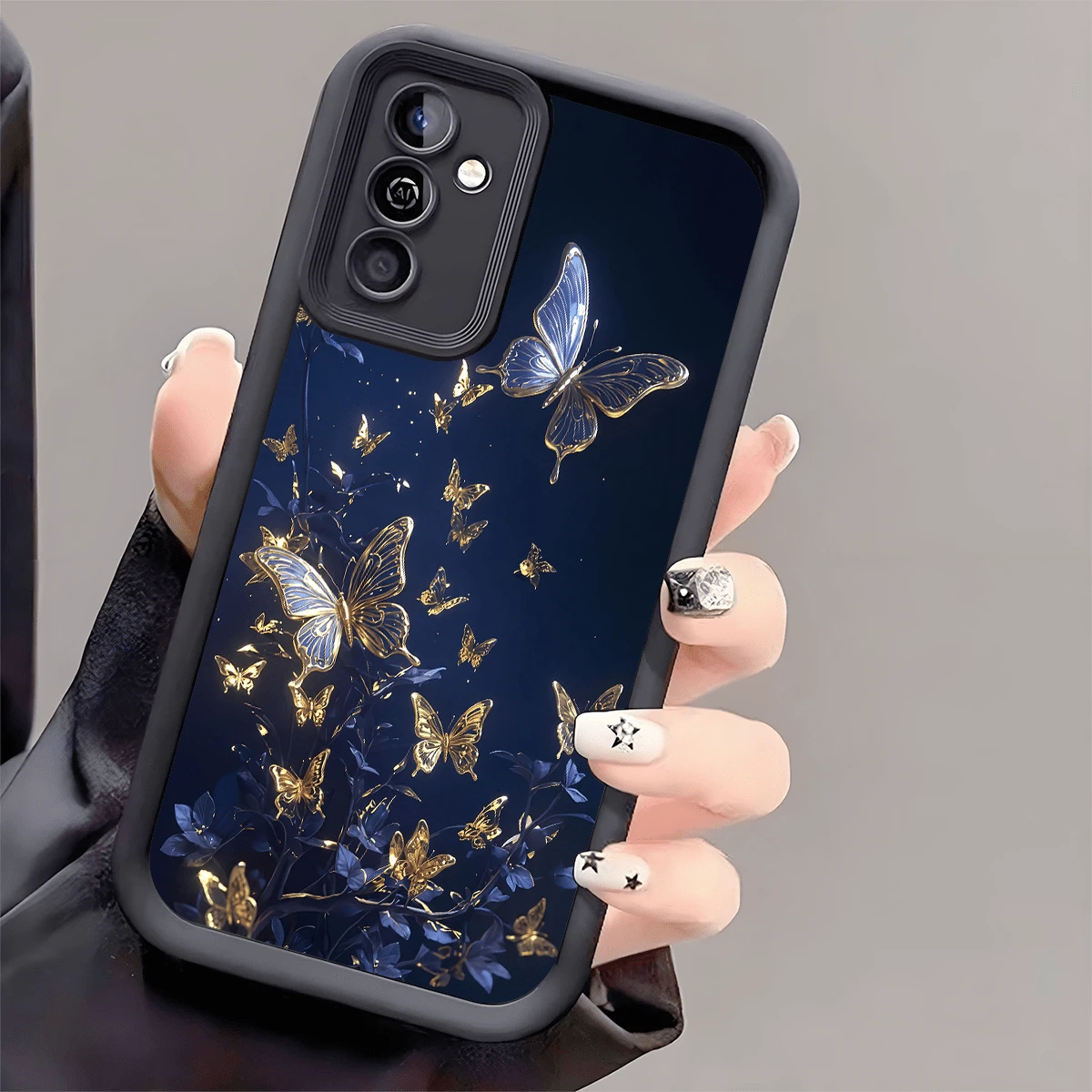 1pc Lucky Gold Butterfly Full Coverage Shockproof Phone Case, Thick Anti-Slip Protective Cover Compatible With IPhone, Honor, Galaxy, - Black - View 1
