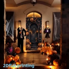 2D Flat Banner 1pc Halloween Vintage Pumpkin Door Curtain Hanging Cloth, Dark Gothic Pumpkin Lantern Clock Print Door Cover, Suitable For Halloween Indoor/Outdoor Holiday Decoration, Party Backdrop, Theme Photography Wall, Creating Horror Mysterious Atmosphere, Polyester Material - A - View 5