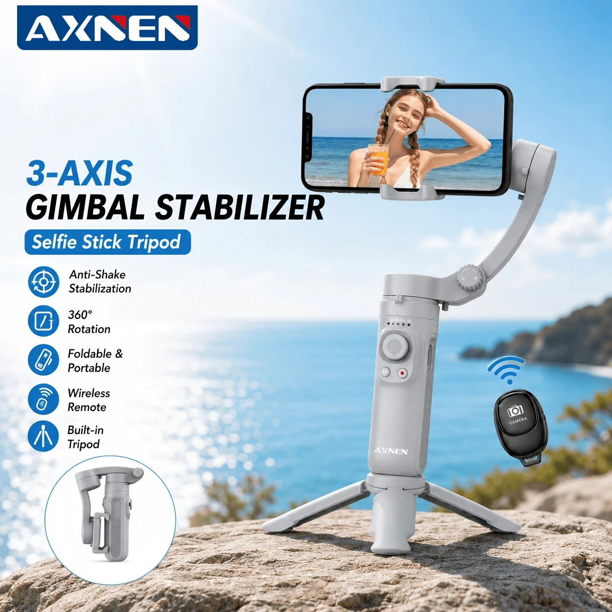 AXNEN 2026新款 HQ3 三軸折疊手機雲台穩定器，手持防抖手機支架，支持多角度旋轉，橫拍與豎拍，兼容 Android/iOS 手機，適用於 Vlog、直播、旅行與自拍攝影