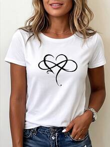 Casual Heart Graphic T-Shirt For Women, Short Sleeve Round Neck, Daily Wear Suitable For Autumn Matching - 白色 - 查看 1