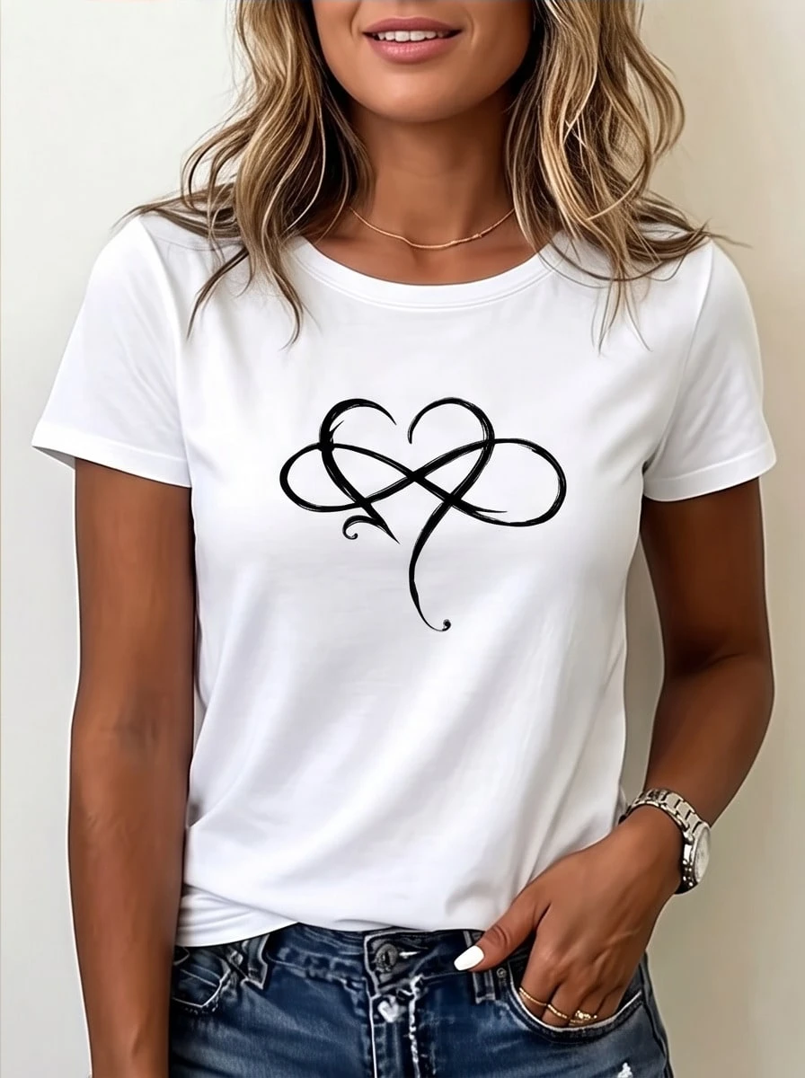 Casual Heart Graphic T-Shirt For Women, Short Sleeve Round Neck, Daily Wear Suitable For Autumn Matching - 白色 - 查看 1