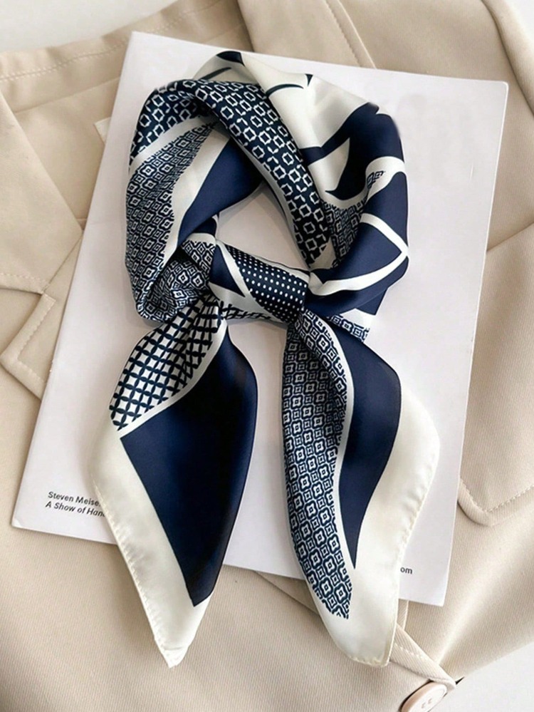 1PC/2pcs Faux Silk Floral Print 70cm Square Bandana Scarf For Men, Sun Protection Headwrap Neck Scarf, Versatile Decorative Necktie - Navy Blue - View 22
